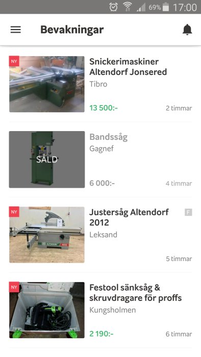 En skärmdump som visar en såld bandsåg annonserad på en online-försäljningssida med texten "SÅLD" över bilden.