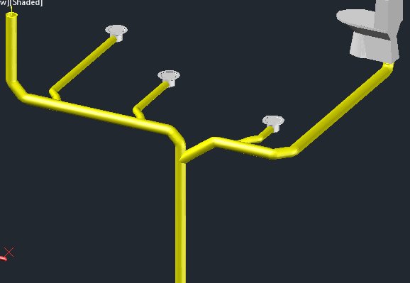 CAD-modell av VVS-installation med 45 graders T-rör och böjar för luftning i ett byggprojekt.