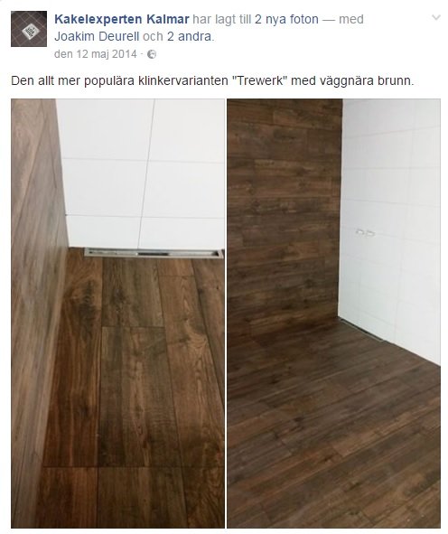 Interiör med "Trewerk" klinkergolv och vita väggtiles, brunt golv möter vit vägg i renoverat utrymme.