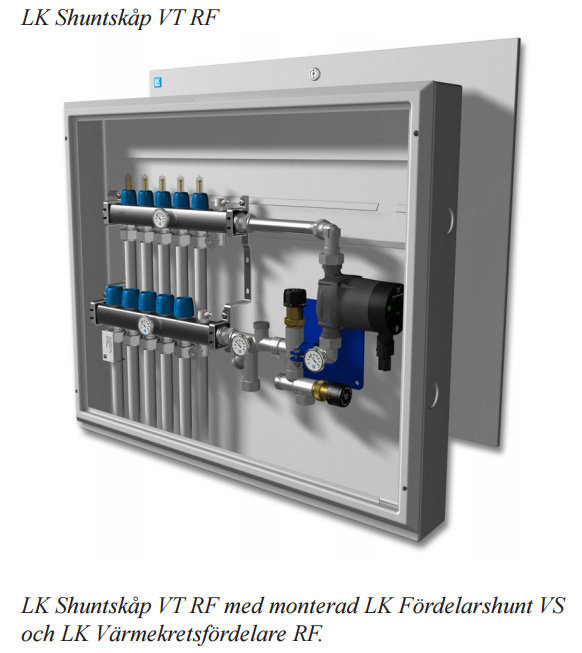 LK Shuntskåp med fördelarshunt och golvvärmefördelare installerade i skåp.