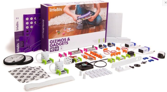 Littlebits Gizmos & Gadgets Kit 2nd Edition med elektroniska byggdelar och förpackning.