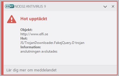 ESET NOD32 Antivirus-varningsfönster om upptäckt hot, troligen en trojan, på en hemsida, återgivande länk och meddelande.