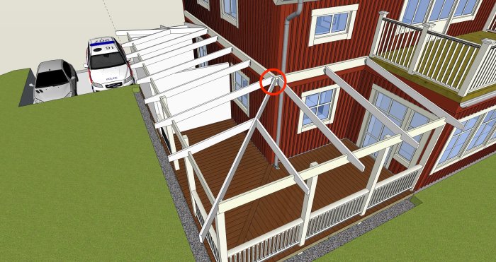 3D-modell av en veranda med takstolar i 45 graders vinkel mot ett rött hus, markerad problematisk fästpunkt.