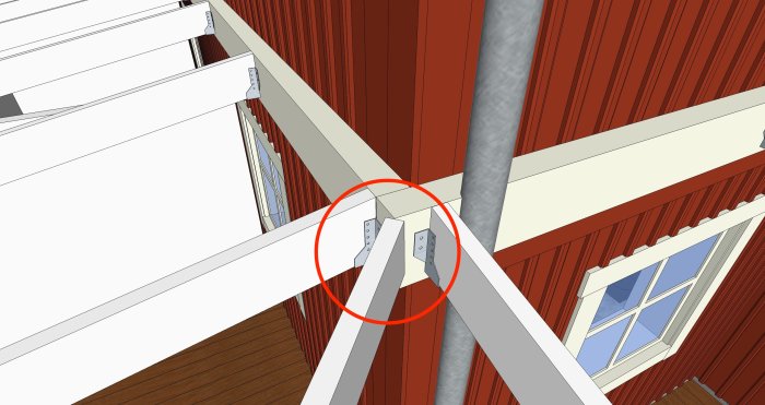 3D-modell av takstol fäst vid husets hörn, markerat för att visa fästningsproblem.