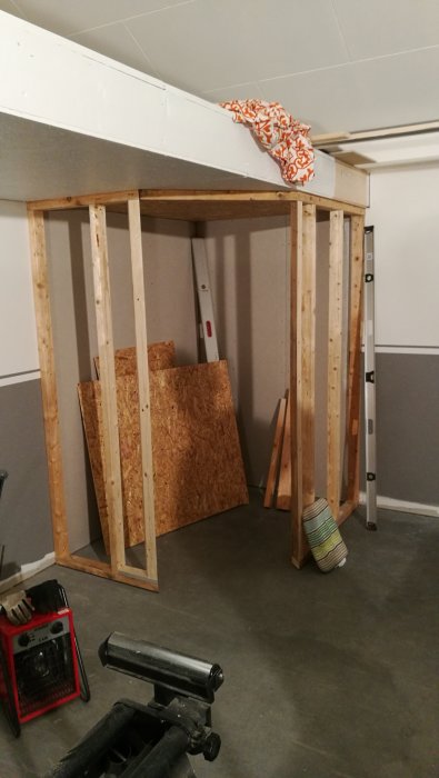 Pågående renovering av ett loft med uppreglade väggstommar och byggmaterial som OSB-skivor på golvet.