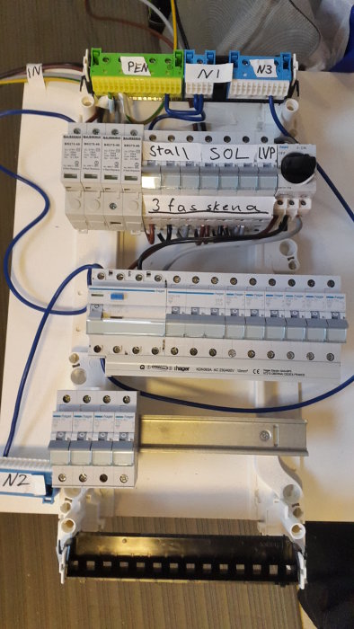 Elcentral med märkta säkringar, kablar och anslutningar för heminstallation.