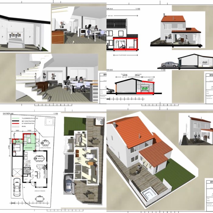 Collage av husritningar och 3D-visualiseringar av ett planerat bostadshus.