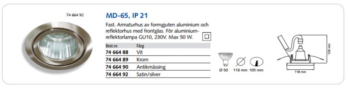 Infografik över halogenarmatur MD-65 i aluminium med teknisk data för montering och dimensioner, inklusive GU10 lågenergilampa.