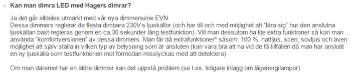 Skärmdump av en FAQ-sektion där Hager förklarar att deras EVN-dimmerserier fungerar väl för att dimra LED-ljuskällor på 230V.