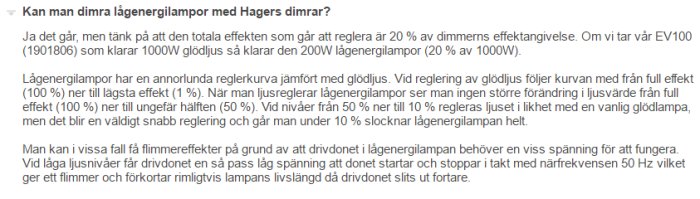 Skärmdump av text från Hager om dimring av lågenergilampor, med information om kompatibilitet med deras EV100-dimmer.