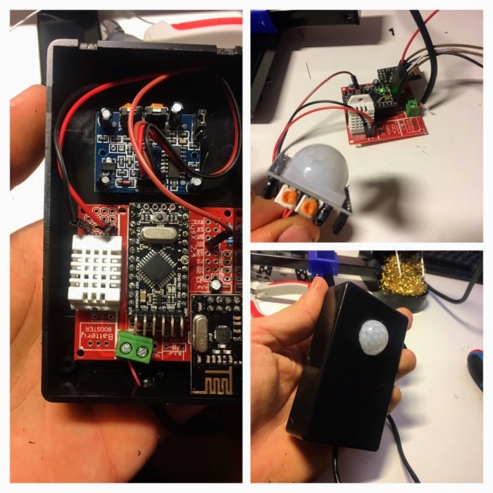 Monteringsprocess av ett DIY elektronikprojekt med PCB, sensorer och trådar inuti ett svart plasthölje.