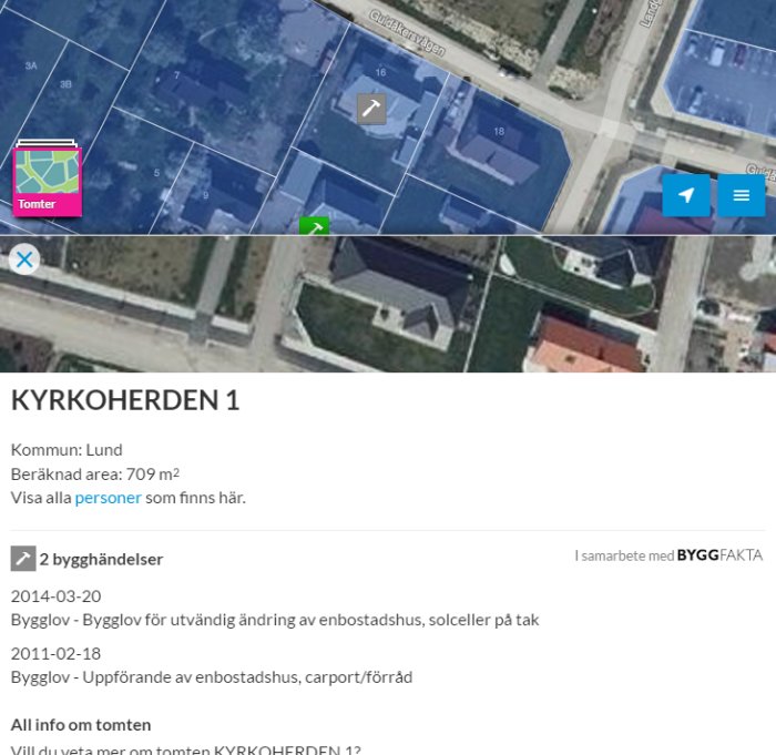 Skärmdump av en karttjänst som visar tomtgränser och bygghändelser för en fastighet.