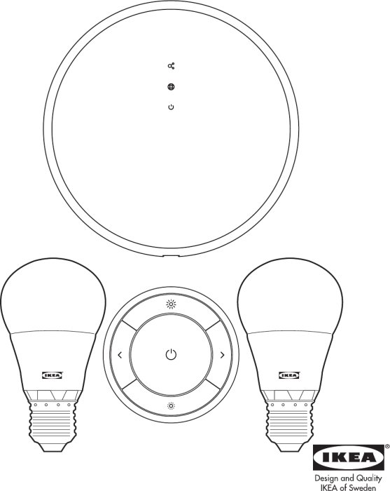 Ikea gateway kit med två LED-glödlampor och en rund fjärrkontroll, linjeteckning med företagslogga.