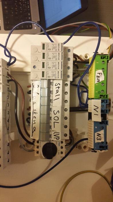 Elcentral med säkringsdosor och ledningar, etiketterade med "Stall", "SOL MW" och "MI".