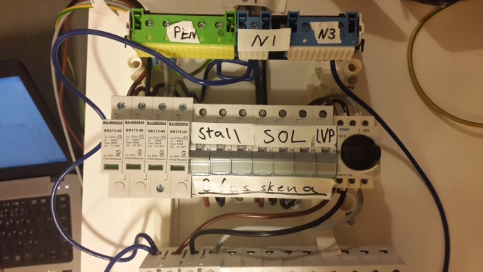 Elektrisk distributionspanel med märkta automatsäkringar och en brytare, handskrivna etiketter såsom "Stall", "SOL", "LVP".