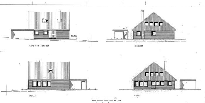 Arkitektritningar av en byggnad som visar fyra olika fasader: nordost, nordväst, sydväst och sydost.