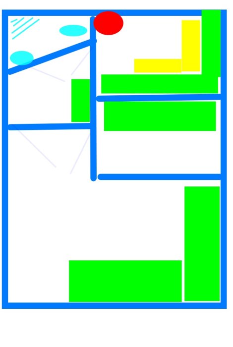 Enkel skiss av planlösning för en stuga med entré, badrum, bastu, sovhytt och vardagsrum.