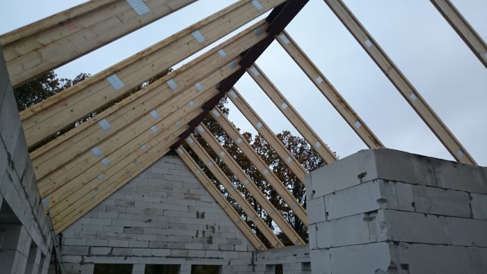 Takstolar monterade på grå betongvägg i ett hus under konstruktion med träd och himmel i bakgrunden.