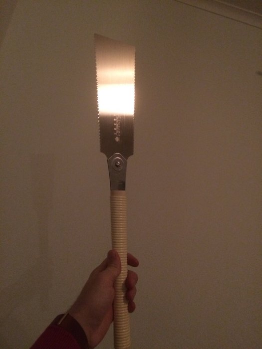Hand håller en japansk ryggsåg i ett vardagsrum för ett snabbtest.