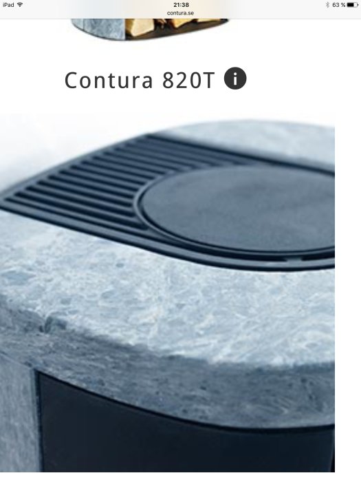 Närbild på en Contura 820T vedkamin med fokus på det isolerade röret och toppen.