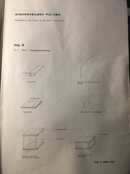 Originalritning med tekniska skisser av vägg- och golvelement med märkningar för en byggplan från april 1960.