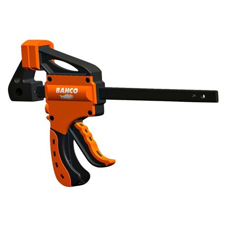 Bahco snabbtving med svart spännstång och orange svart handtag, på vit bakgrund.