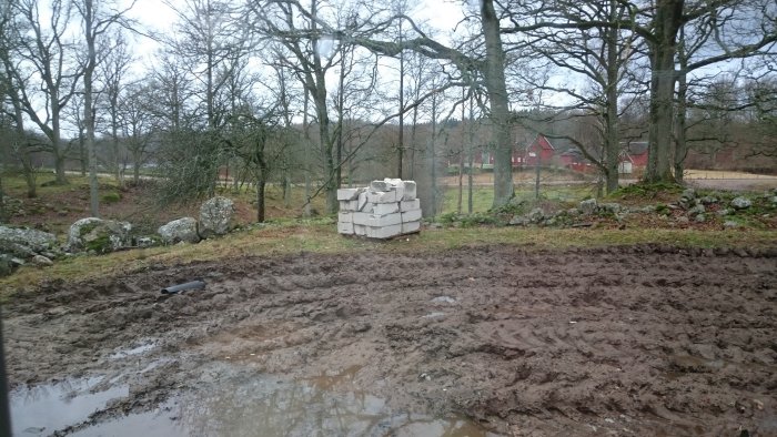 Uppkörning av mark med lerig yta, stenstapel och träd, svag sjöutsikt i bakgrunden.