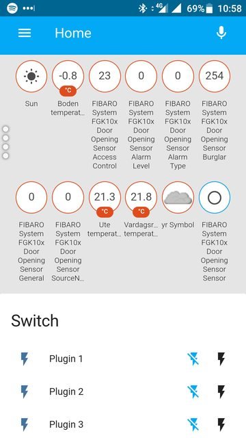 Skärmdump av en Android-telefon som visar en smart hem-app med sensorläsningar och switchkontroller.