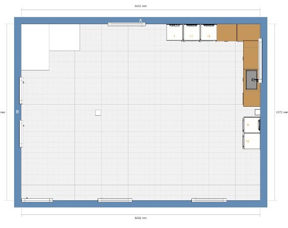 Ritning över köksplanering med högskåp, tänkt spishörn och minimal bänkyta.