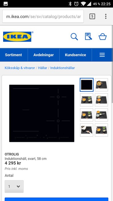 Skärmdump från mobil visar IKEA webbsida med en svart induktionshäll modell OTROLIG.