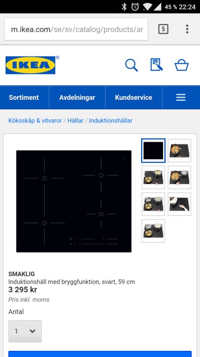 Skärmdump av IKEA:s webbsida visar en svart induktionshäll modell SMAKLIG samt pris och produktinformation.