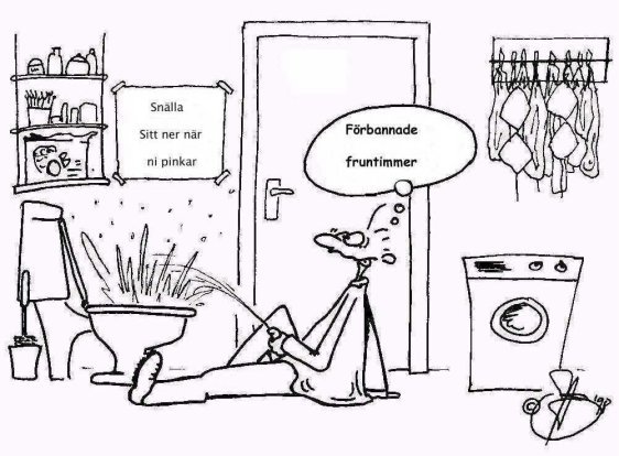 Illustration av ett badrum med en förargad kamel som talar om "förbannade fruntimmer", snäckor vid toaletten och bh:ar som hängs.