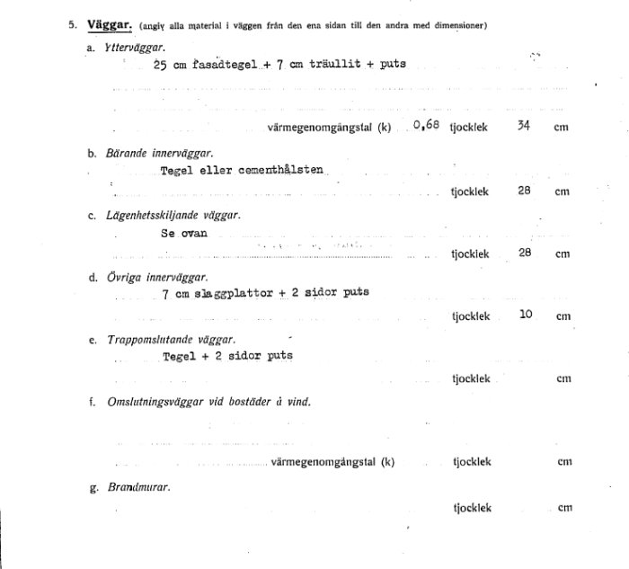 Ritningsutdrag med information om olika väggtjocklekar, bl.a. ytterväggar och bärande innerväggar.