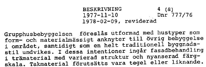 Utdrag från byggdokumentation med beskrivning av gruppbebyggelse, datum och diarienummer, med fokus på byggnadsmaterial och färgskala.