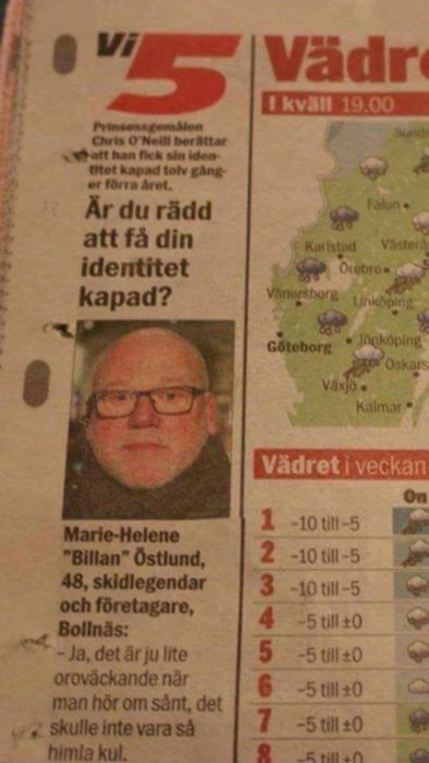 Tidningsutklipp; herre, rubrik om identitetsstöld, väderprognos, och citat av 'Billan' Östlund. Humoristiskt feltryck.