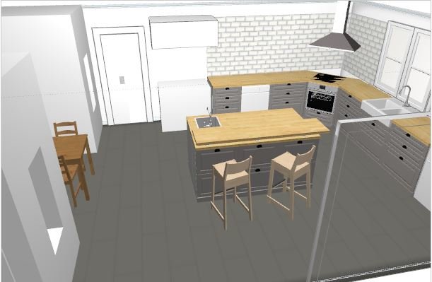 3D-rendering av ett kök med ö-skåpslayout, grått golv, tegelvägg, skafferi och trappnedgång.