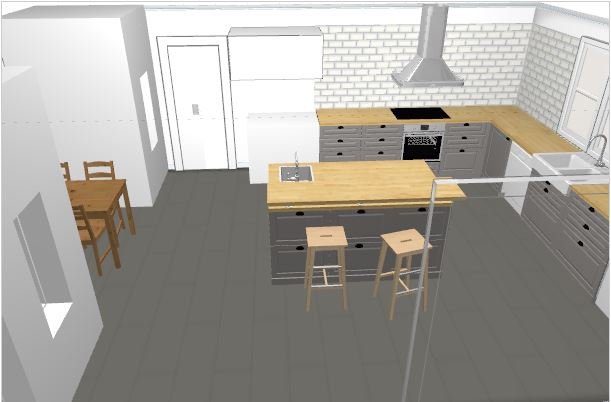 3D-rendering av ett kökslayoutförslag med ö centralt, svart spis, vedspis, spiskåpa och skafferi.