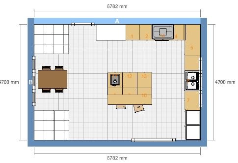 Ritning av ett kök med dimensioner, visar layout med möbler, skafferi, nedgång till källare, vedspis och spiskåpa.