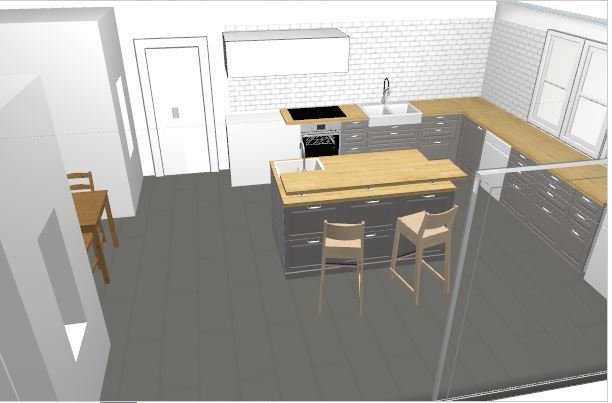 3D-modell av kökslayout med öskåp, arbetsbänkar, köksö och stolar, vitt tegel och vedspis.