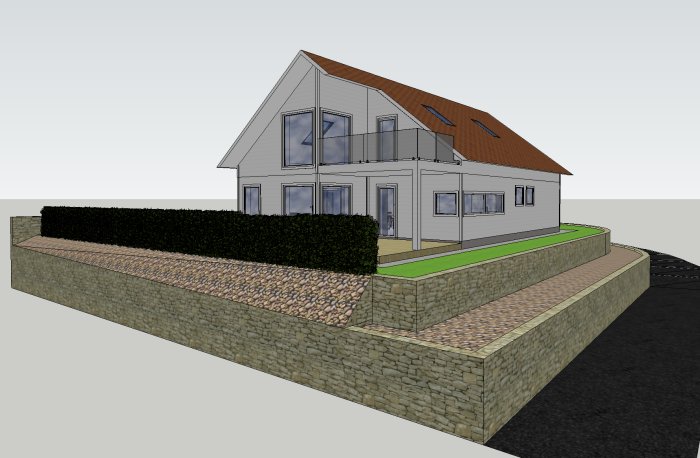 3D-illustration av ett hus med stenmur, häck och uteplats under balkongen.
