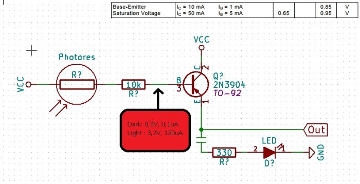 Elektroniskt kretsschema för en ljussensor med en transistor, motstånd och LED-indikator.