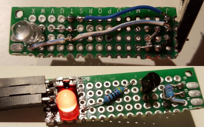 Två bilder av en kretskortsprototyp med elektroniska komponenter, den övre med en fotoresistor och den nedre med en LED och resistanser.