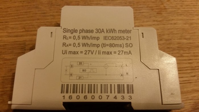 Enfass elräknare 30A med låg kWh-användning och S0-utgång.