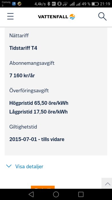 Skärmdump av en mobiltelefons webbläsare visar eltariffinformation från Vattenfall, inklusive abonnemang- och överföringsavgifter.