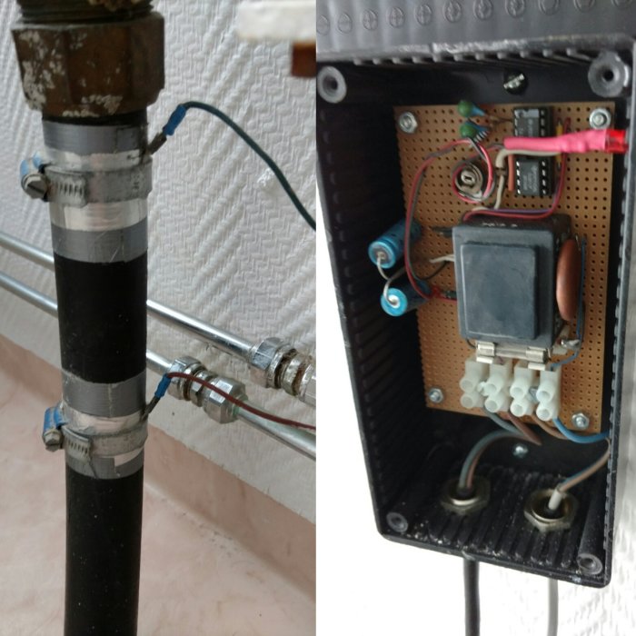 Elapparat fastsatt på vägg med 230v ingång och kablar på vattenrör, misstänkt vattenfelsvarnare.
