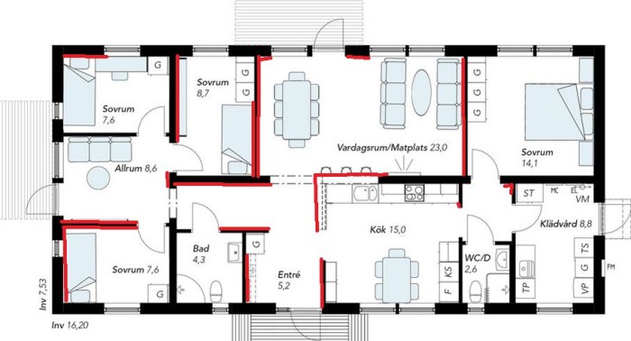 Ritning av hus med markerade områden i rött som visar vilka väggar som tapetserats om.