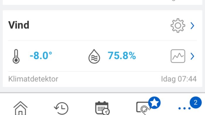 Skärmdump av klimatsensor som visar -8.0°C temperatur och 75.8% luftfuktighet inomhus.