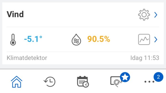 Skärmavbild av en klimatdetektor med temperatur på -5.1°C och luftfuktighet på 90.5%, taget inomhus kl. 11:53.