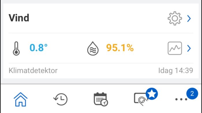 Skärmdump av en klimatsensor som visar en inomhustemperatur på 0.8°C och luftfuktighet på 95.1%.