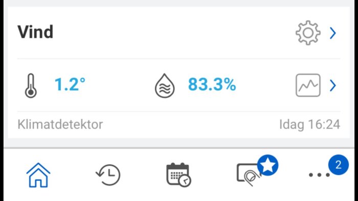 Skärmdump av klimatsensor med hög luftfuktighet på 83.3% och temperatur på 1.2 grader celsius.